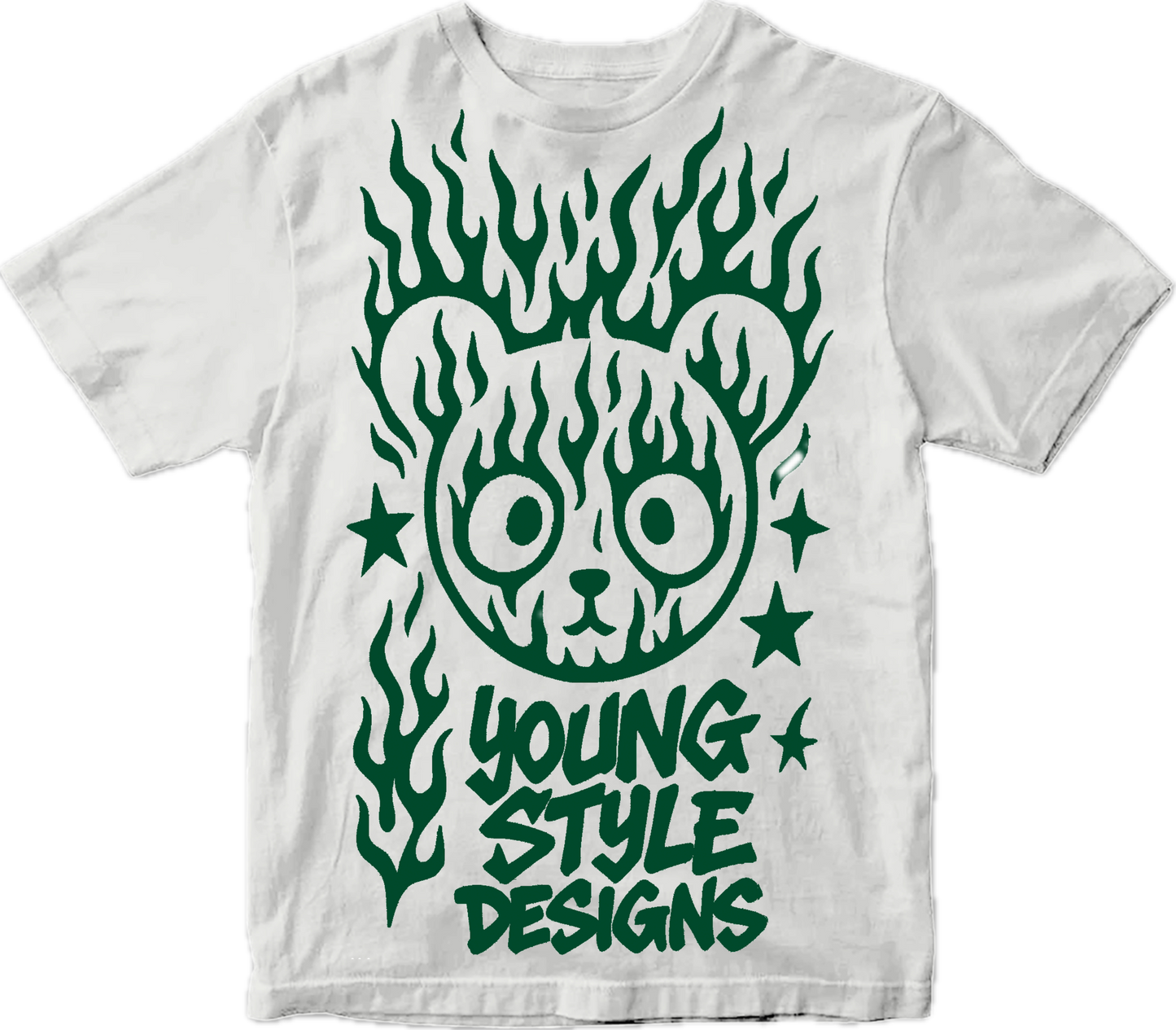 the Coconut Mojito colorway , white t shirt on green Young Style Designs graphic. Fresh, minimal streetwear with a tropical-inspired look.