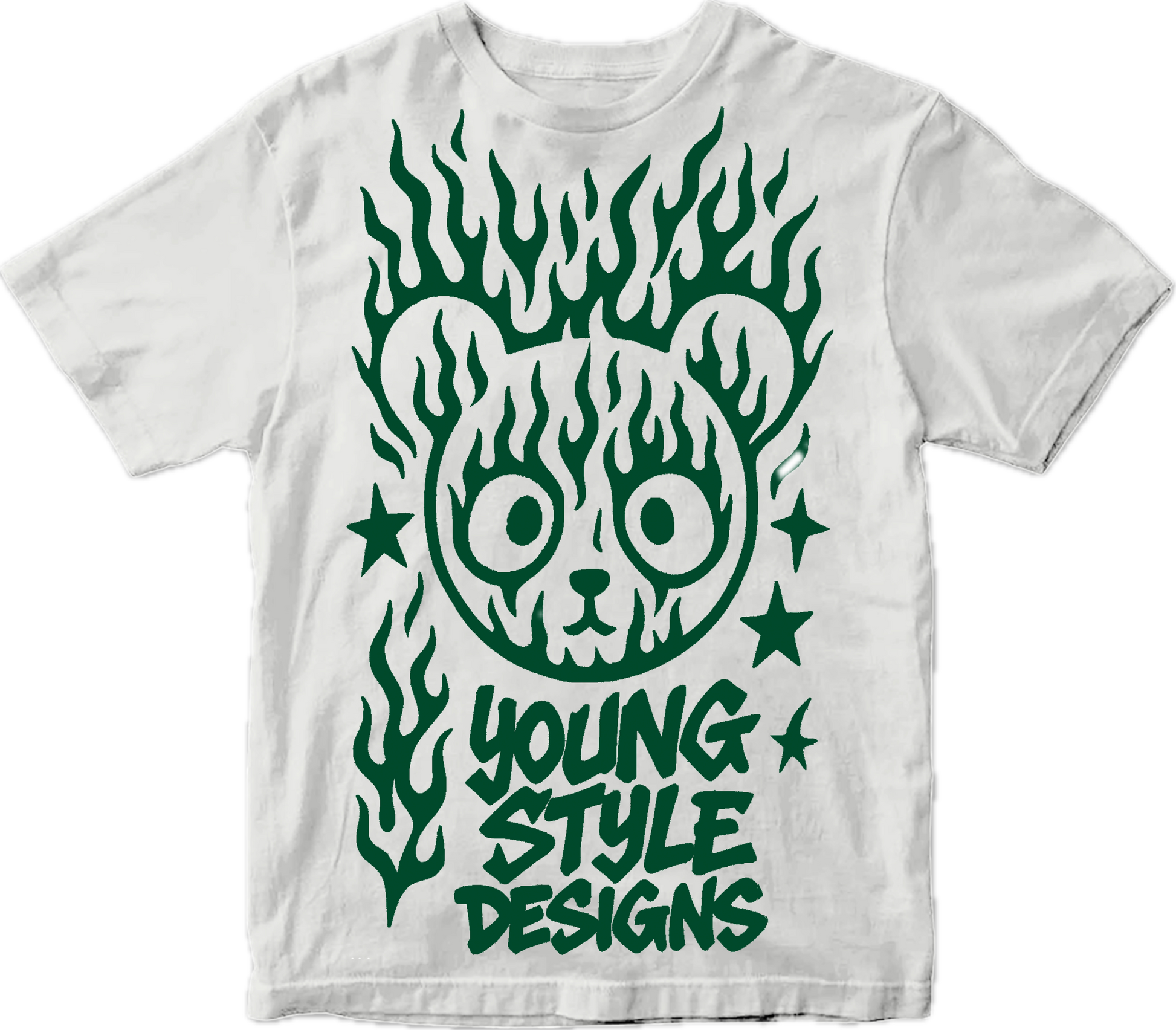 the Coconut Mojito colorway , white t shirt on green Young Style Designs graphic. Fresh, minimal streetwear with a tropical-inspired look.
